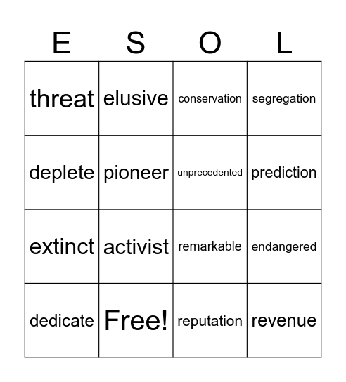 Academic Vocabulary Bingo Card