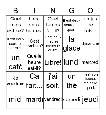 French 1 Unit 2 Test Prep Bingo Card