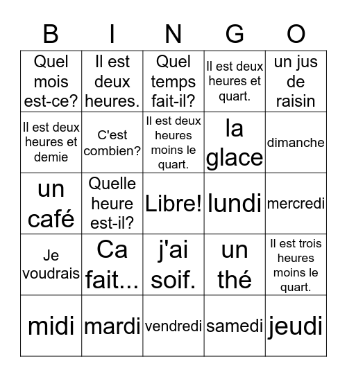 French 1 Unit 2 Test Prep Bingo Card