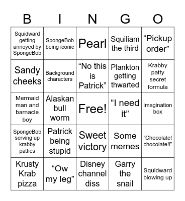 SpongeBob bingo Card