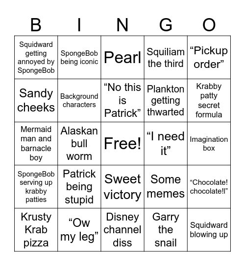SpongeBob bingo Card