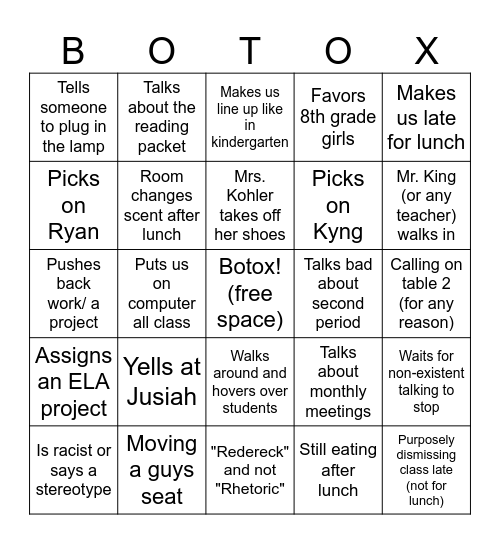 3rd Period Bingo Card