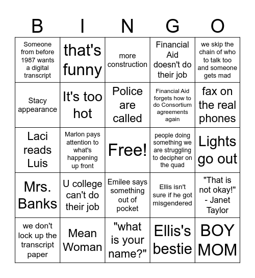 Registrar BINGO Card