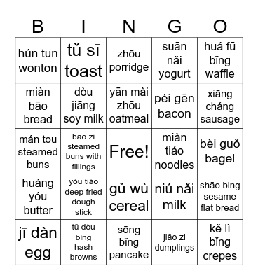 Breakfast Vocabulary in Chinese Bingo Card