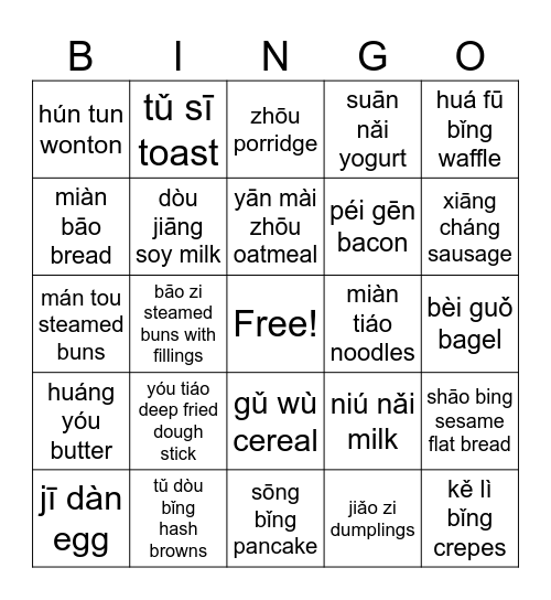Breakfast Vocabulary in Chinese Bingo Card