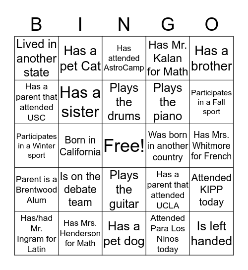 BRENTWOOD SERVICE LEARNING DAY BINGO Card