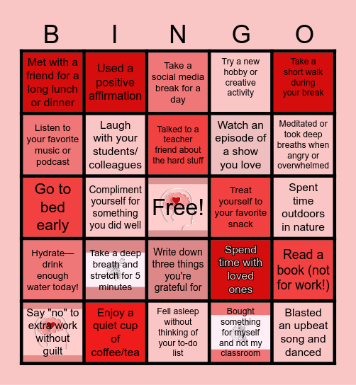 Teacher Self-Care Bingo Card