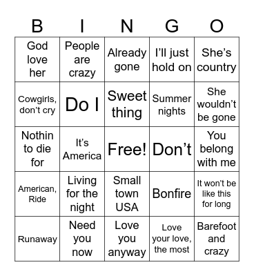2009 Country Hits Bingo Card