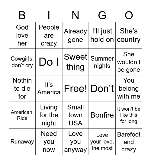 2009 Country Hits Bingo Card