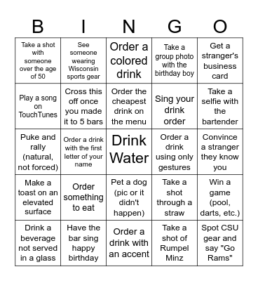 Robert's 30th Bar Crawl Bingo Card