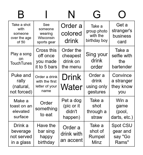 Robert's 30th Bar Crawl Bingo Card