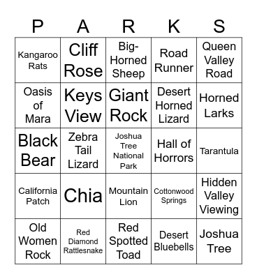 Joshua Tree National Park Bingo Card