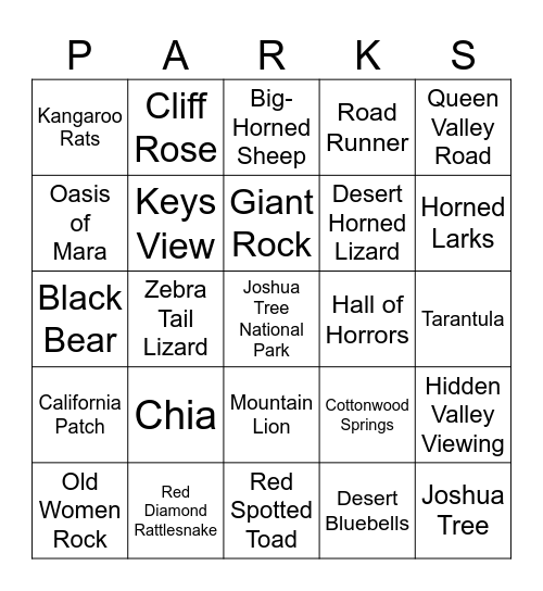 Joshua Tree National Park Bingo Card