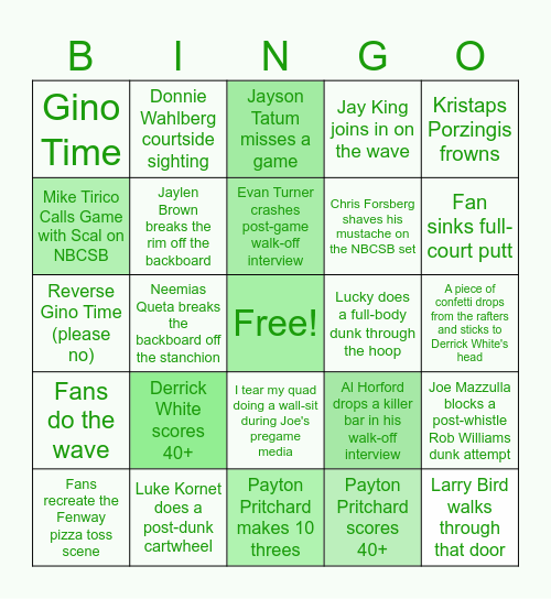 Celtics Bingo Card