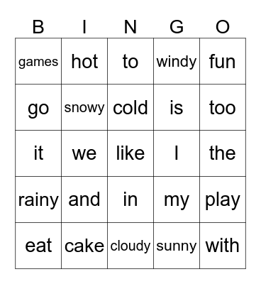 Simple Words Bingo Card