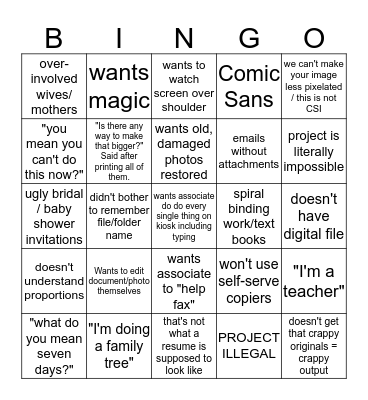 Copy Center Bingo Card