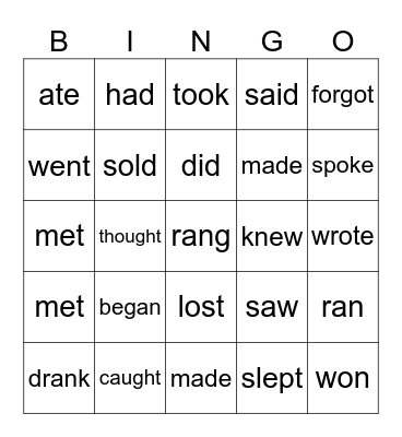 Irregular verbs Bingo Card