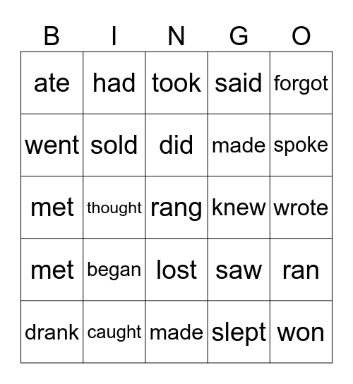 Irregular verbs Bingo Card