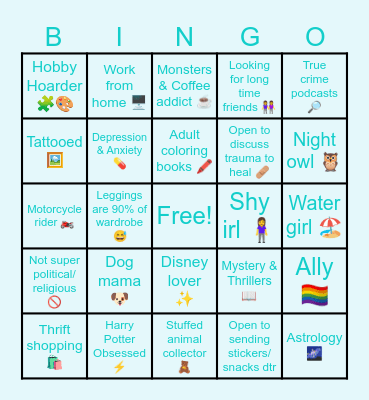 Pen Pal Bingo Card