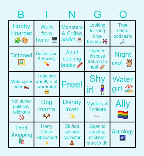 Pen Pal Bingo Card