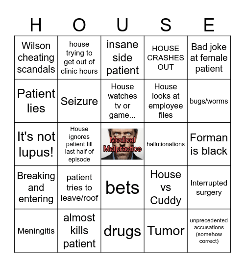 HOUSE MD DRINKING GAME Bingo Card