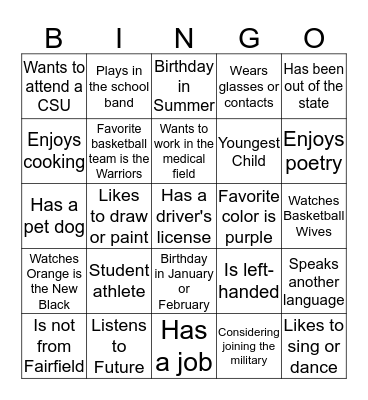 Class Unity Bingo Card
