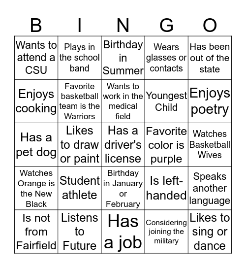 Class Unity Bingo Card