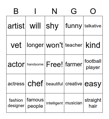 Jobs, Adjectives. Bingo Card