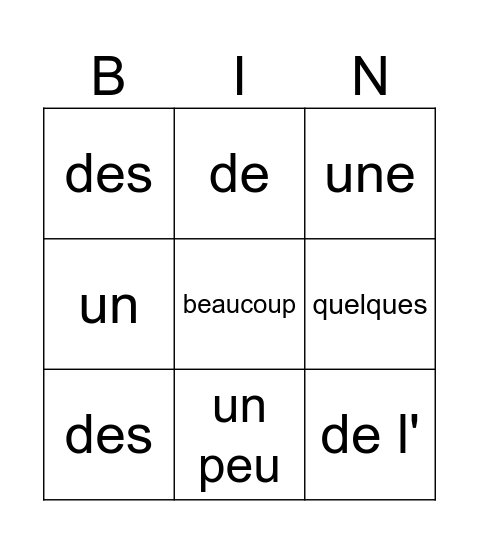 Bingo des partitifs Bingo Card