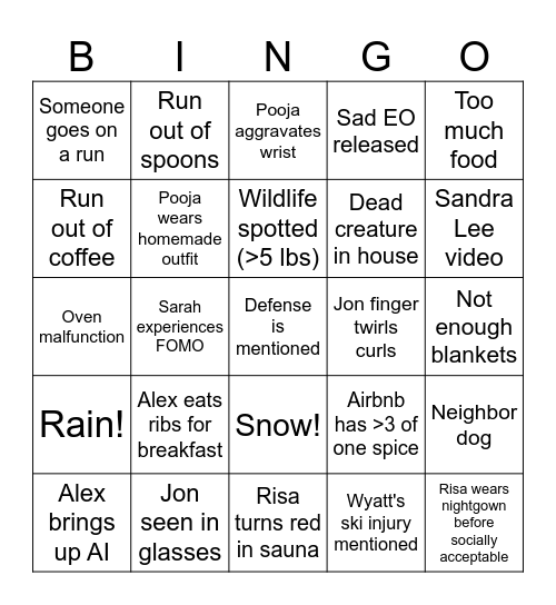 Cabin Crew 2025 Bingo Card