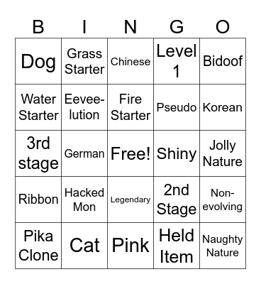 Wonder Trade Bingo Card