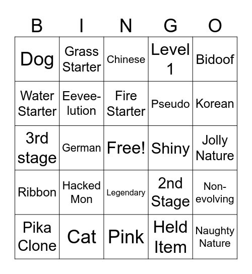 Wonder Trade Bingo Card