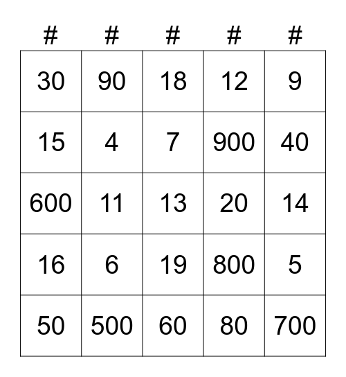 1 to 20 and 30 to 100 and 100 to 1000 Bingo Card