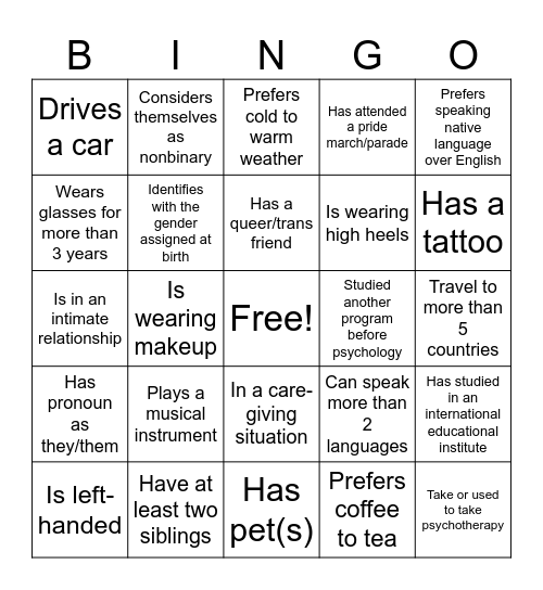 Human Bingo - BESC1533 Bingo Card