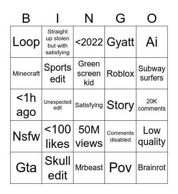 Shorts Bingo Card