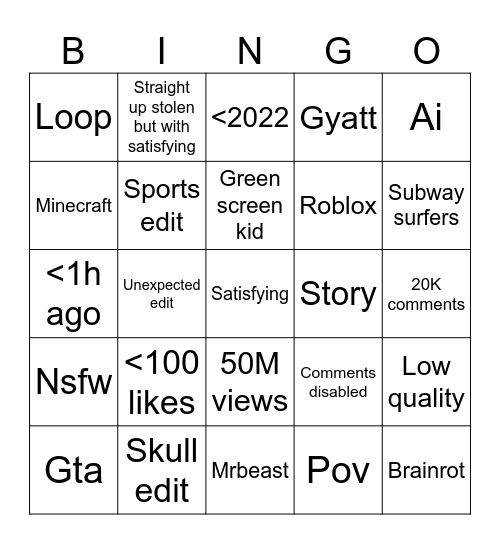 Shorts Bingo Card