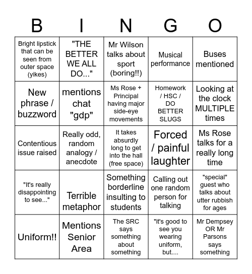 KHHS assembly bingo Card