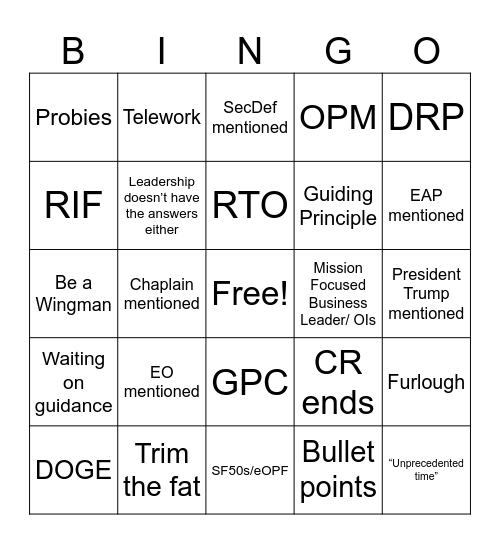 Director’s Call Bingo Card