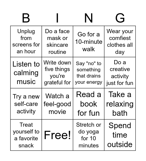 Self-Care Bingo Card