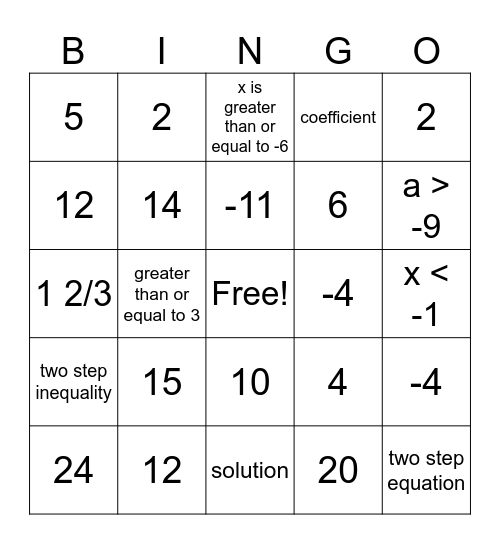 Equations and Inequalities Bingo Card
