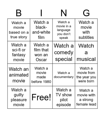 Movie or TV Show Bingo Card