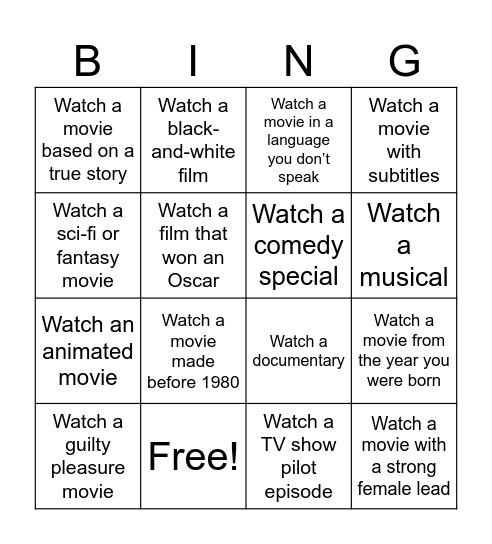 Movie or TV Show Bingo Card