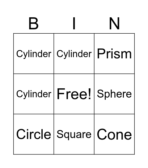 3D Shape Bingo Card