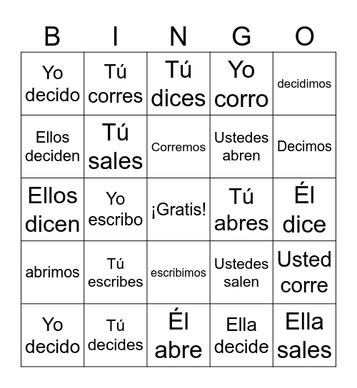 Spanish Verbs Bingo Card