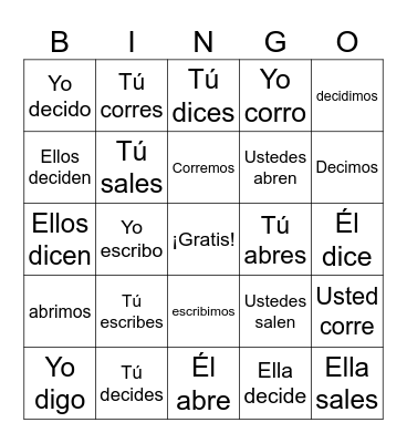 Spanish Verbs Bingo Card