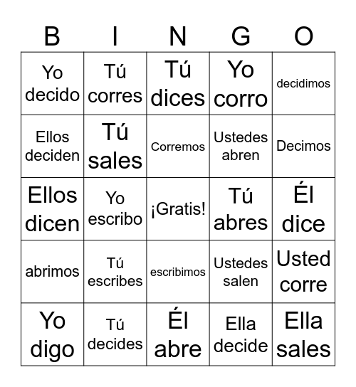 Spanish Verbs Bingo Card