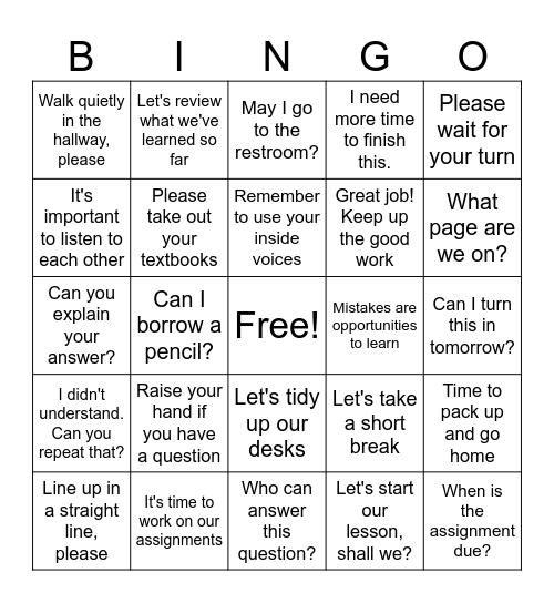 Common Sentences in Class Bingo Card