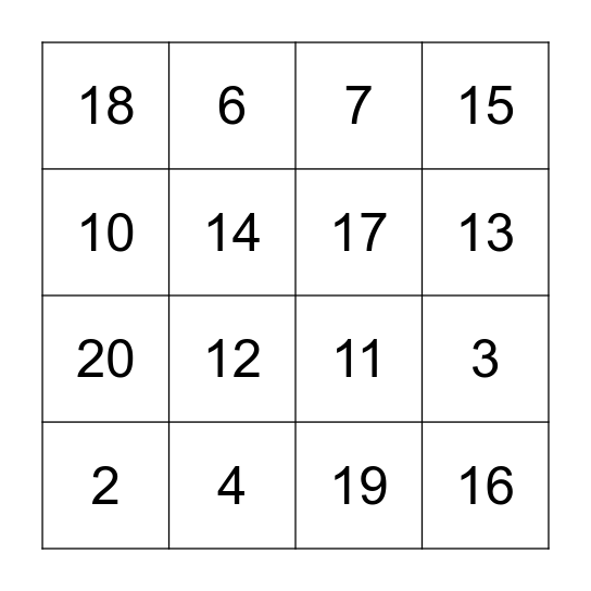 Number Bingo Card