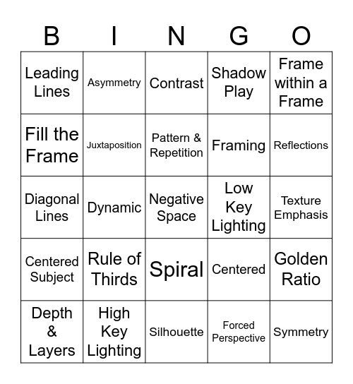 Photography Composition Bingo Card