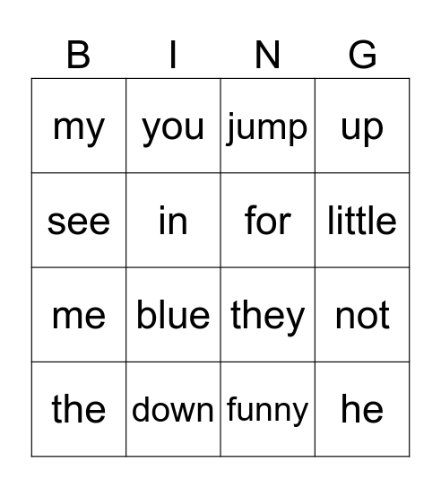 Sight Words Bingo Card